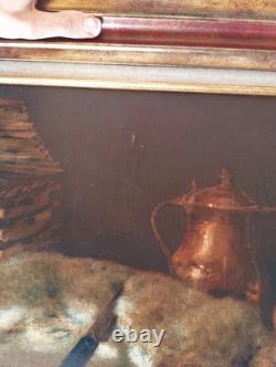 Old Table Oil Painting French School Rabbit Hare Fruit Baroque 19th Century