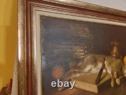 Old Table Oil Painting French School Rabbit Hare Fruit Baroque 19th Century