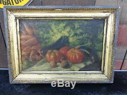 Old Table Painter On Canvas Painting Dead Nature Frame Pumpkin Signed