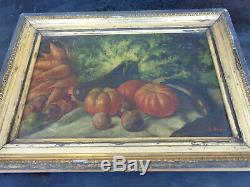 Old Table Painter On Canvas Painting Dead Nature Frame Pumpkin Signed