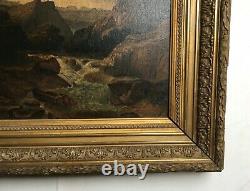 Old Table Signed Baker, Oil On Panel, Mountain, Frame, 19th