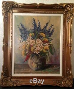 Old Table W Lambrecht (xix-xxth) Bouquet Of Flowers Oil On Canvas Signed