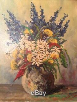 Old Table W Lambrecht (xix-xxth) Bouquet Of Flowers Oil On Canvas Signed