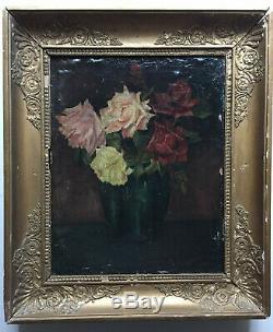 Old Table XIX Bouquet Of Roses Oil On Canvas Signed