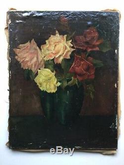 Old Table XIX Bouquet Of Roses Oil On Canvas Signed