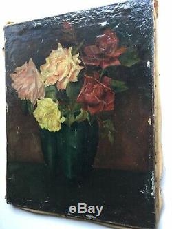 Old Table XIX Bouquet Of Roses Oil On Canvas Signed