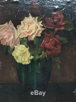 Old Table XIX Bouquet Of Roses Oil On Canvas Signed