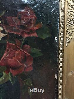 Old Table XIX Bouquet Of Roses Oil On Canvas Signed