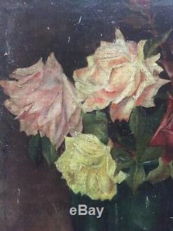 Old Table XIX Bouquet Of Roses Oil On Canvas Signed