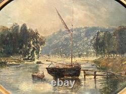 Old Tableau 19th Century Oil Painting on Canvas Coastal Landscape Marine Painting