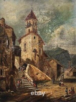 Old Tableau, Animated Village, Small Oil on Canvas, Painting, 19th Century