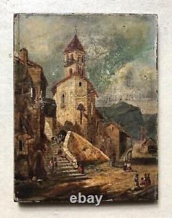 Old Tableau, Animated Village, Small Oil on Canvas, Painting, 19th Century