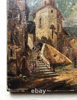 Old Tableau, Animated Village, Small Oil on Canvas, Painting, 19th Century