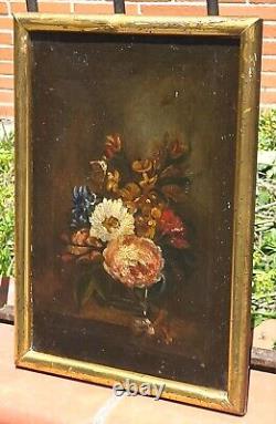 Old Tableau Bouquet of Flowers Peaches Oil Painting on Canvas XlX ° Style