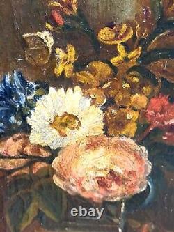 Old Tableau Bouquet of Flowers Peaches Oil Painting on Canvas XlX ° Style