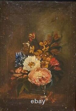 Old Tableau Bouquet of Flowers Peaches Oil Painting on Canvas XlX ° Style