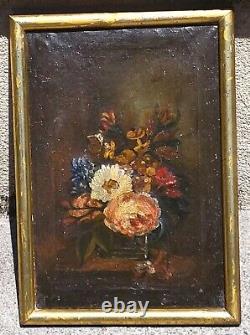 Old Tableau Bouquet of Flowers Peaches Oil Painting on Canvas XlX ° Style