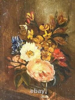 Old Tableau Bouquet of Flowers Peaches Oil Painting on Canvas XlX ° Style