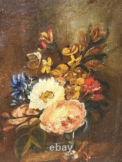 Old Tableau Bouquet of Flowers Peaches Oil Painting on Canvas XlX ° Style