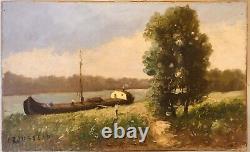 Old Tableau Crousseau Oil on Canvas Landscape Barge Late 19th Century