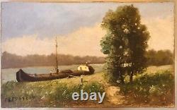 Old Tableau Crousseau Oil on Canvas Landscape Barge Late 19th Century