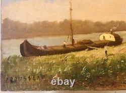 Old Tableau Crousseau Oil on Canvas Landscape Barge Late 19th Century