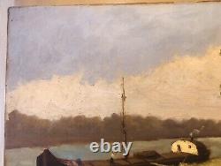 Old Tableau Crousseau Oil on Canvas Landscape Barge Late 19th Century