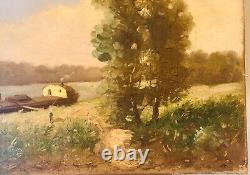 Old Tableau Crousseau Oil on Canvas Landscape Barge Late 19th Century