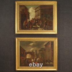 Old Tableau Landscape Genre Scene Oil on Canvas Painting Art 18th Century