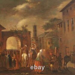 Old Tableau Landscape Genre Scene Oil on Canvas Painting Art 18th Century