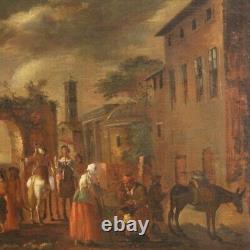 Old Tableau Landscape Genre Scene Oil on Canvas Painting Art 18th Century