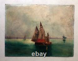 Old Tableau, Marine, Sailboats, Oil on Cardboard, Painting, Early 20th Century