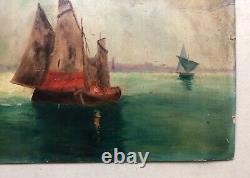Old Tableau, Marine, Sailboats, Oil on Cardboard, Painting, Early 20th Century