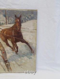 Old Tableau Oil Painting on Canvas Signed Leon Fauret Ski Winter Sports Alps