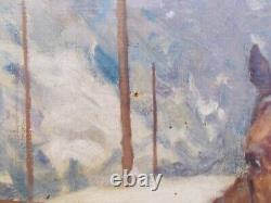 Old Tableau Oil Painting on Canvas Signed Leon Fauret Ski Winter Sports Alps