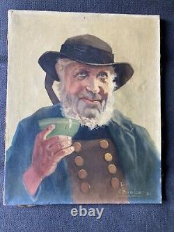 Old Tableau Oil on Canvas Breton Drinking His Cider Charles Liebert Brittany