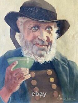 Old Tableau Oil on Canvas Breton Drinking His Cider Charles Liebert Brittany