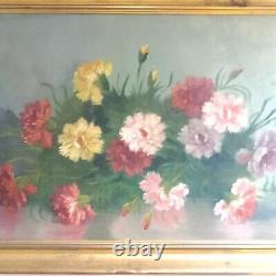 Old Tableau Oil on Canvas Still Life Flower Bouquet