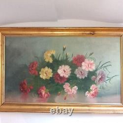 Old Tableau Oil on Canvas Still Life Flower Bouquet