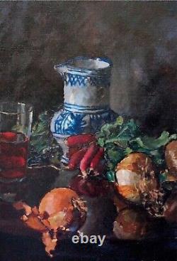 Old Tableau Oil on Canvas Still Life Onions 20th Century