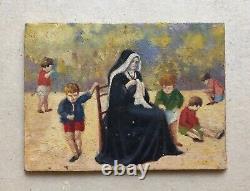 Old Tableau, Religious and Children Playing, Oil on Panel, Early 20th Century