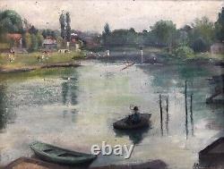 Old Tableau Signed, Animated Banks, Oil on Canvas, Painting, Early 20th Century