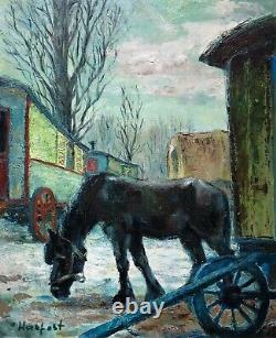 Old Tableau Signed, Horse and Carriages, Oil on Canvas, Painting, 20th Century