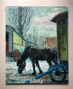 Old Tableau Signed, Horse and Carriages, Oil on Canvas, Painting, 20th Century