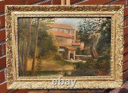 Old Tableau signed Landscape House River Oil Painting on Panel of Isorel