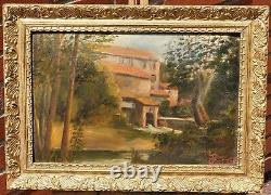 Old Tableau signed Landscape House River Oil Painting on Panel of Isorel