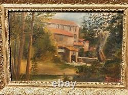 Old Tableau signed Landscape House River Oil Painting on Panel of Isorel