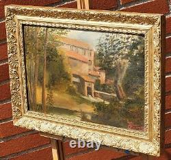 Old Tableau signed Landscape House River Oil Painting on Panel of Isorel