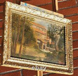 Old Tableau signed Landscape House River Oil Painting on Panel of Isorel