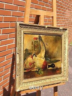 Old Tableau signed Still Life with Game. Oil painting on canvas.